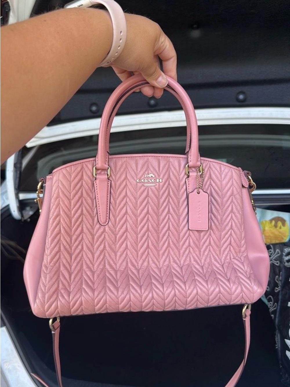Coach Pink Quilted Satchel with Dual Handles and Strap